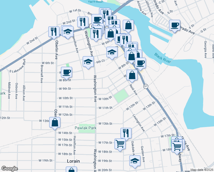 map of restaurants, bars, coffee shops, grocery stores, and more near 831 Lovett Place in Lorain