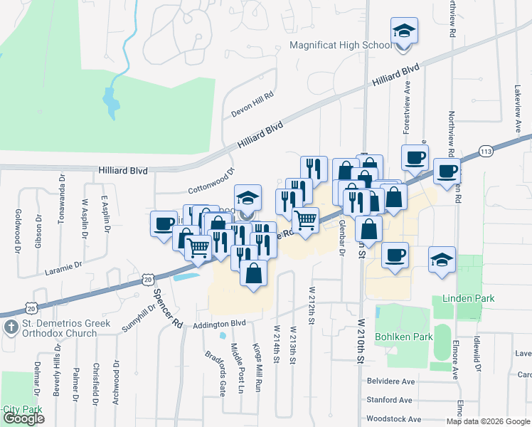 map of restaurants, bars, coffee shops, grocery stores, and more near 2900 Pease Drive in Rocky River