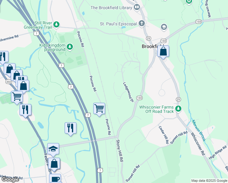 map of restaurants, bars, coffee shops, grocery stores, and more near 12 Westview Lane in Brookfield