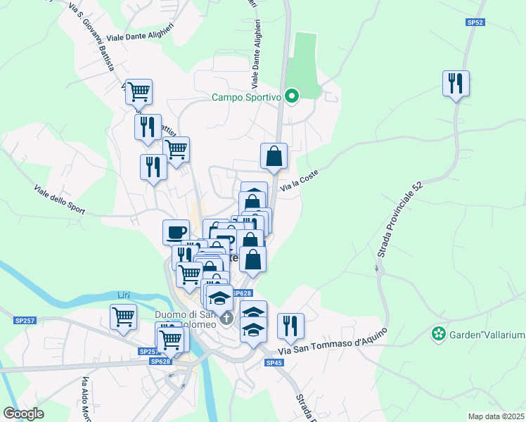 map of restaurants, bars, coffee shops, grocery stores, and more near 18A Via Giovan Battista Bernadotte in Pontecorvo