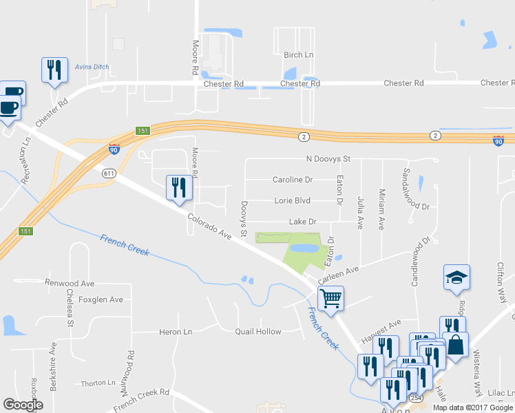 map of restaurants, bars, coffee shops, grocery stores, and more near 37957 Lorie Boulevard in Avon