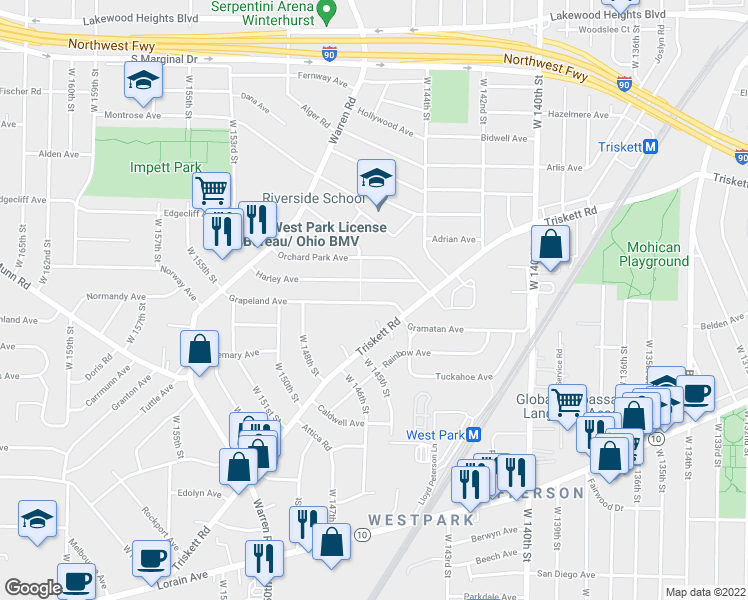 map of restaurants, bars, coffee shops, grocery stores, and more near 14538 Grapeland Avenue in Cleveland