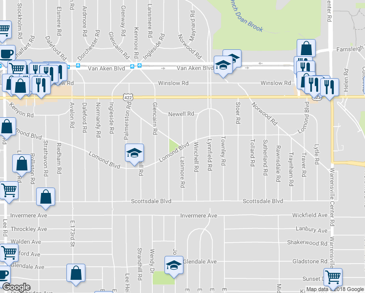 map of restaurants, bars, coffee shops, grocery stores, and more near 3598 Latimore Road in Shaker Heights