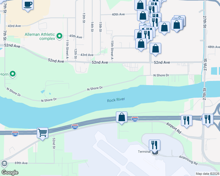 map of restaurants, bars, coffee shops, grocery stores, and more near 1506 North Shore Drive in Moline