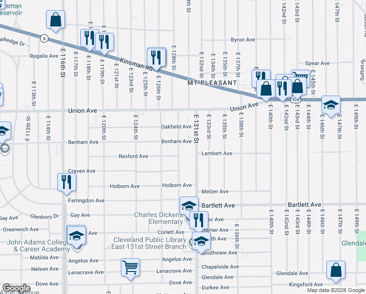 map of restaurants, bars, coffee shops, grocery stores, and more near 3577 East 129th Street in Cleveland