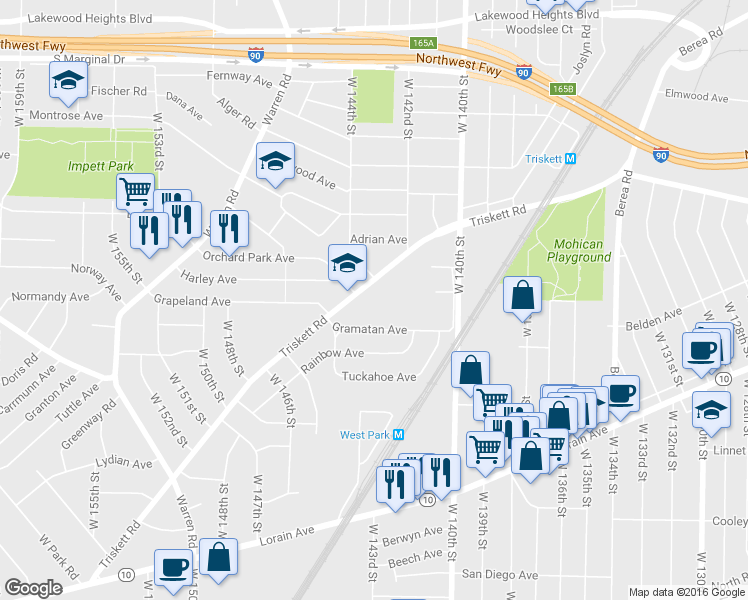 map of restaurants, bars, coffee shops, grocery stores, and more near 14411 Rainbow Avenue in Cleveland