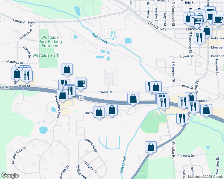 map of restaurants, bars, coffee shops, grocery stores, and more near 1058 1/2 West Street in Valparaiso
