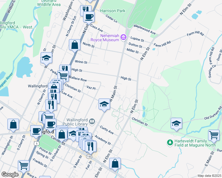 map of restaurants, bars, coffee shops, grocery stores, and more near 390 North Main Street in Wallingford