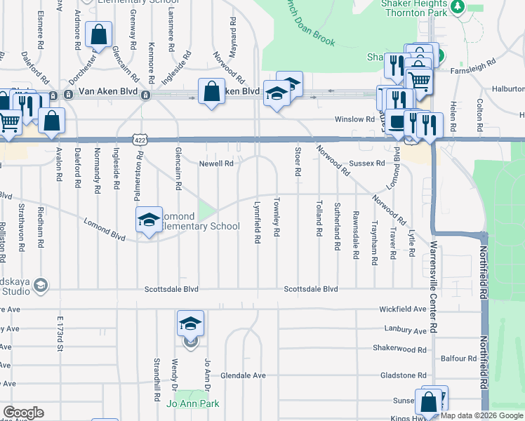 map of restaurants, bars, coffee shops, grocery stores, and more near 3610 Townley Road in Shaker Heights