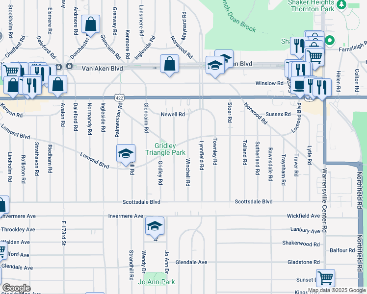 map of restaurants, bars, coffee shops, grocery stores, and more near 18501 Lomond Boulevard in Shaker Heights