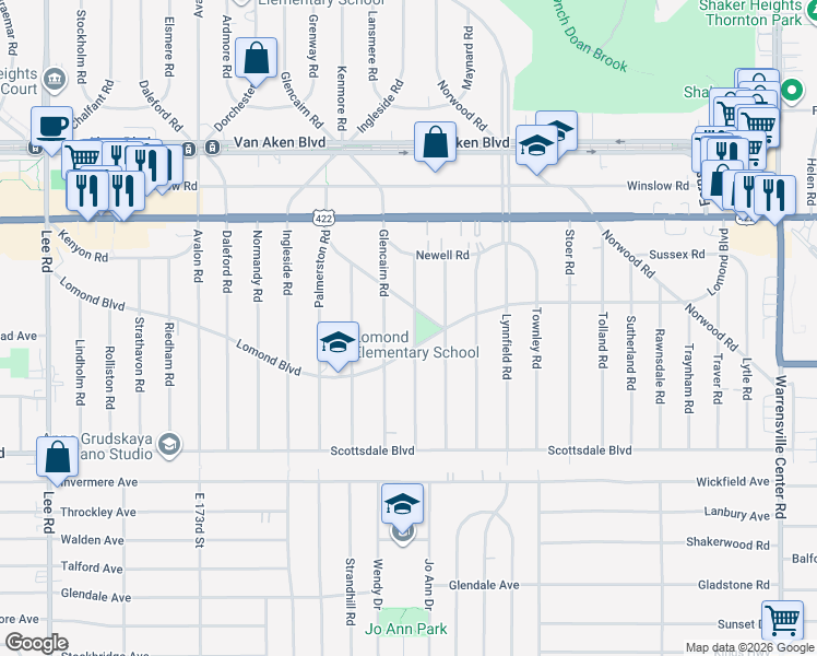 map of restaurants, bars, coffee shops, grocery stores, and more near 3610 Gridley Road in Shaker Heights