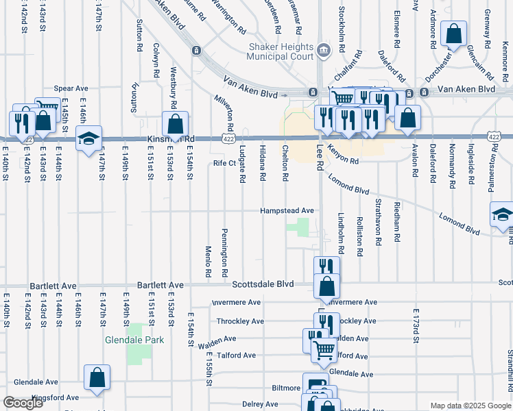 map of restaurants, bars, coffee shops, grocery stores, and more near 3603 Hildana Road in Shaker Heights