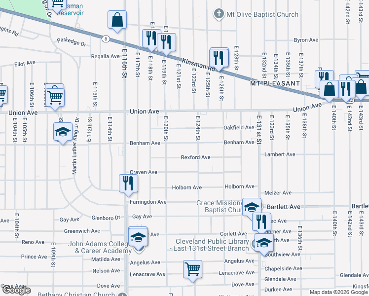 map of restaurants, bars, coffee shops, grocery stores, and more near 12306 Benham Avenue in Cleveland