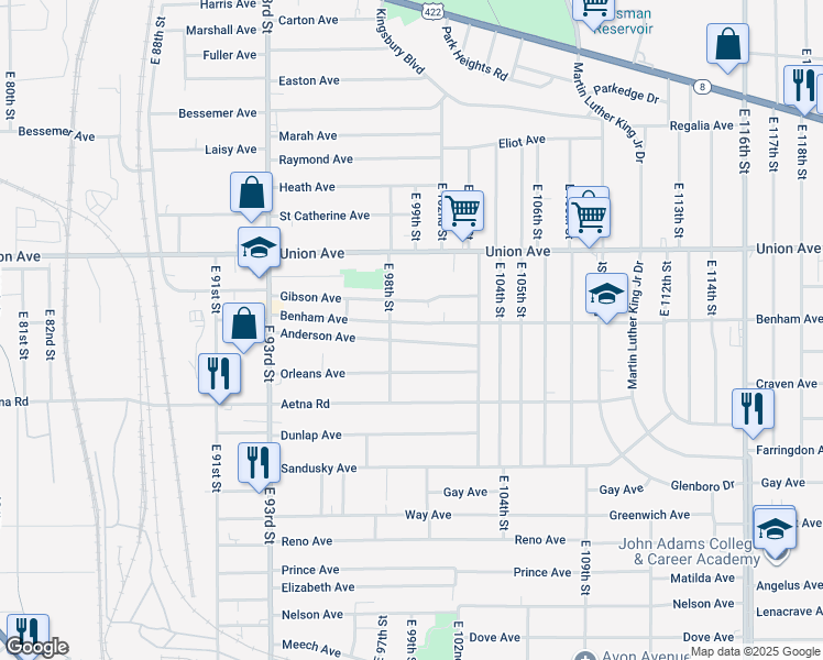 map of restaurants, bars, coffee shops, grocery stores, and more near 3565 East 98th Street in Cleveland