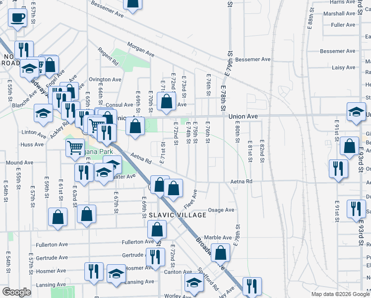 map of restaurants, bars, coffee shops, grocery stores, and more near 3566 East 75th Street in Cleveland