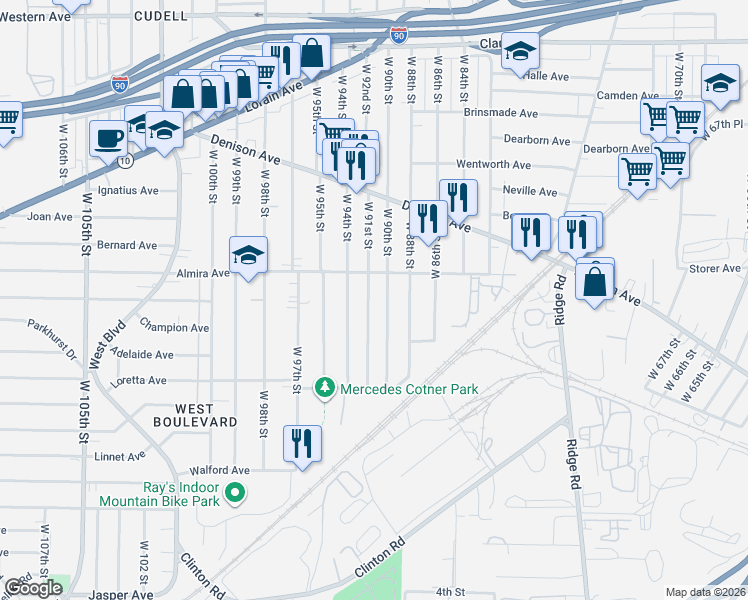 map of restaurants, bars, coffee shops, grocery stores, and more near 3388 West 91st Street in Cleveland