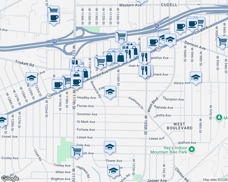 map of restaurants, bars, coffee shops, grocery stores, and more near 11017 Fidelity Avenue in Cleveland
