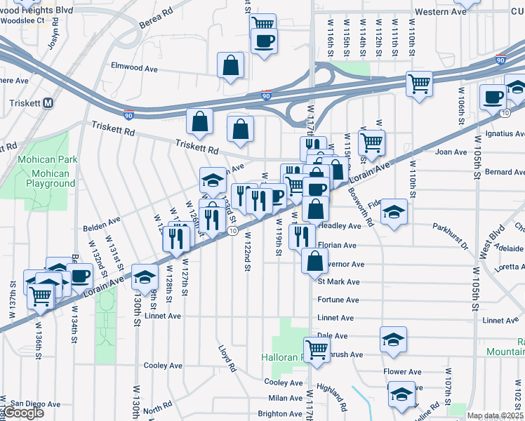 map of restaurants, bars, coffee shops, grocery stores, and more near 3357 West 122nd Street in Cleveland