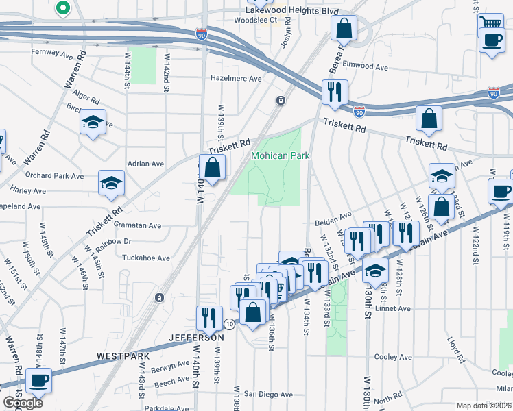map of restaurants, bars, coffee shops, grocery stores, and more near 13103 Triskett Road in Cleveland