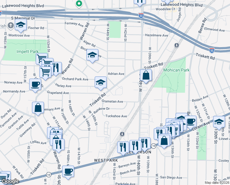map of restaurants, bars, coffee shops, grocery stores, and more near 14411 Rainbow Avenue in Cleveland