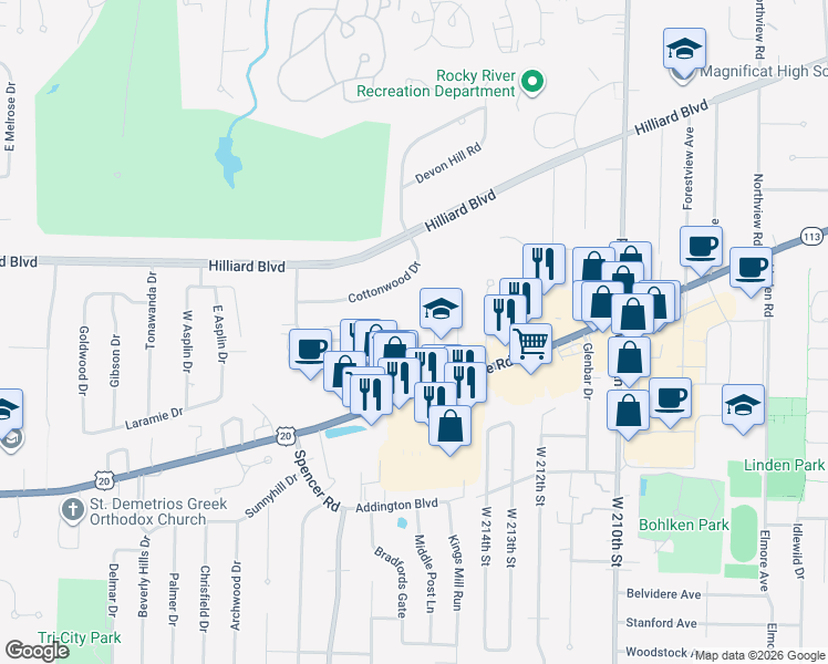map of restaurants, bars, coffee shops, grocery stores, and more near 21872 River Oaks Drive in Rocky River