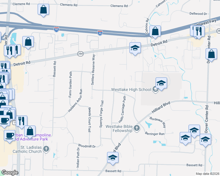 map of restaurants, bars, coffee shops, grocery stores, and more near 28098 Settlers Reserve Way in Westlake