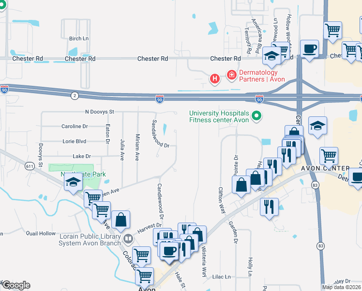 map of restaurants, bars, coffee shops, grocery stores, and more near 1933 Candlewood Drive in Avon