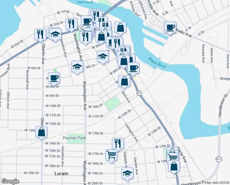 map of restaurants, bars, coffee shops, grocery stores, and more near 946 Reid Avenue in Lorain