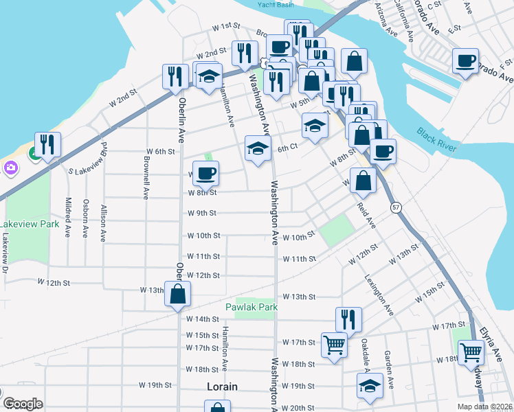 map of restaurants, bars, coffee shops, grocery stores, and more near 1030 West 9th Street in Lorain
