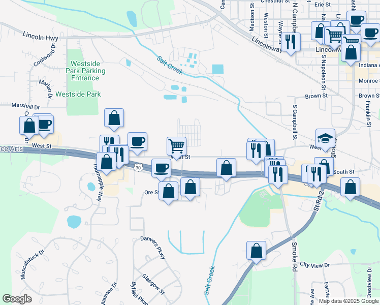 map of restaurants, bars, coffee shops, grocery stores, and more near 1058 1/2 West Street in Valparaiso