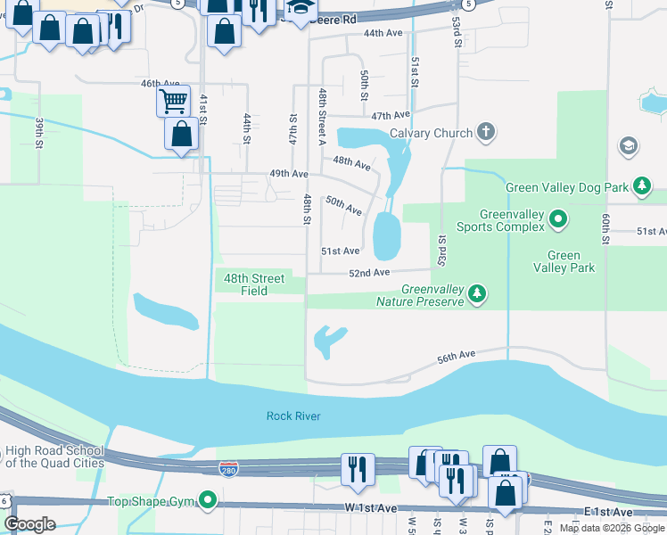 map of restaurants, bars, coffee shops, grocery stores, and more near 4814 51st Avenue in Moline