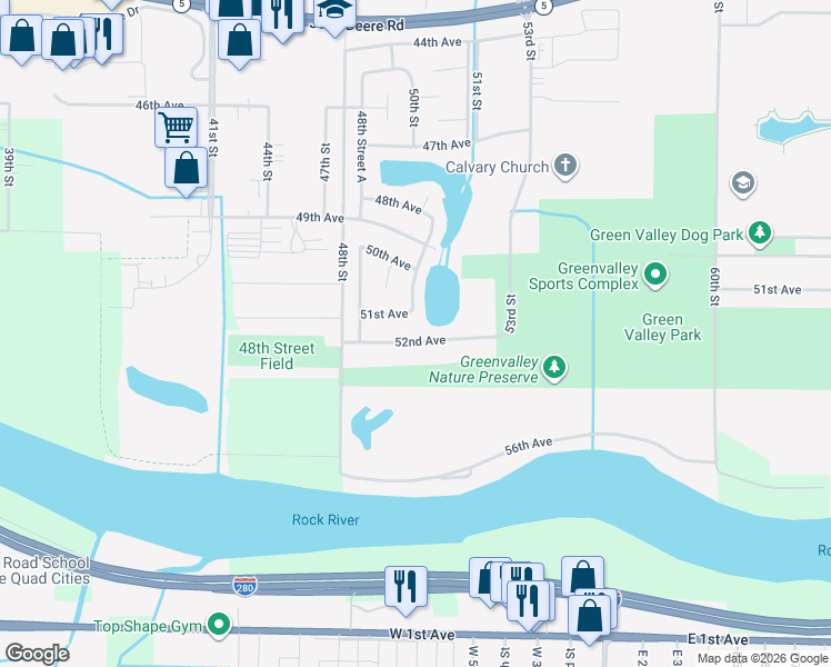 map of restaurants, bars, coffee shops, grocery stores, and more near 5003 52nd Avenue in Moline