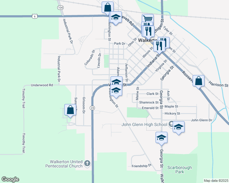 map of restaurants, bars, coffee shops, grocery stores, and more near 805 Washington Street in Walkerton