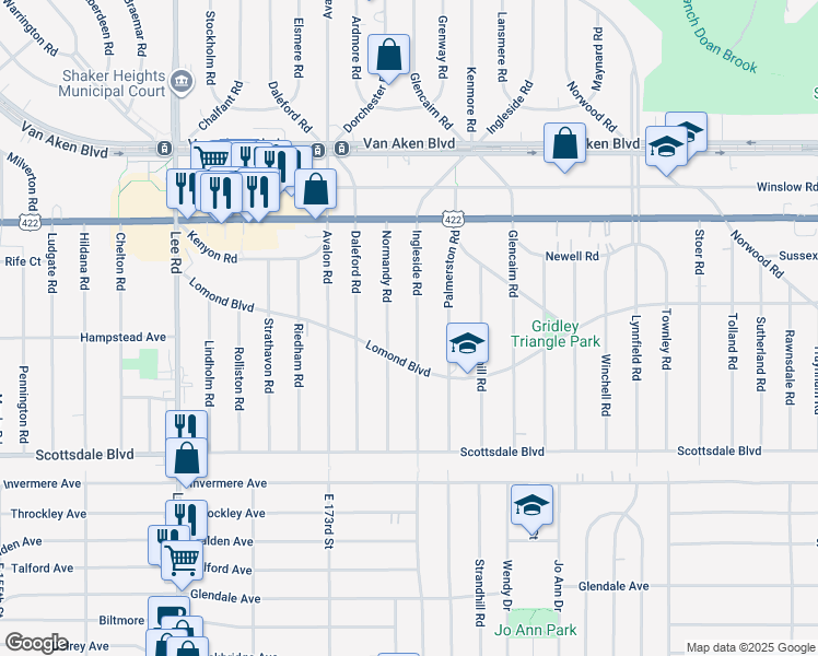 map of restaurants, bars, coffee shops, grocery stores, and more near 3612 Ingleside Road in Shaker Heights