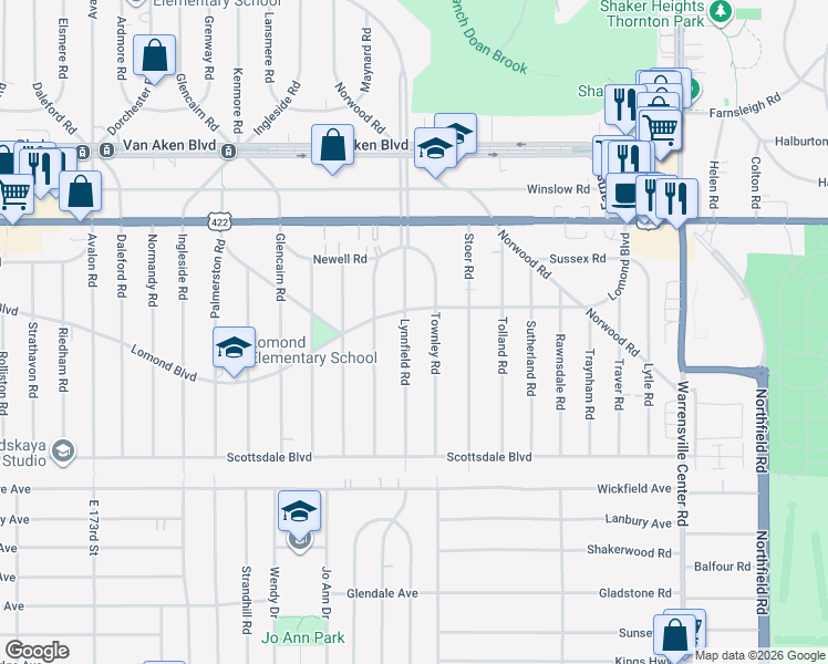 map of restaurants, bars, coffee shops, grocery stores, and more near 3610 Townley Road in Shaker Heights