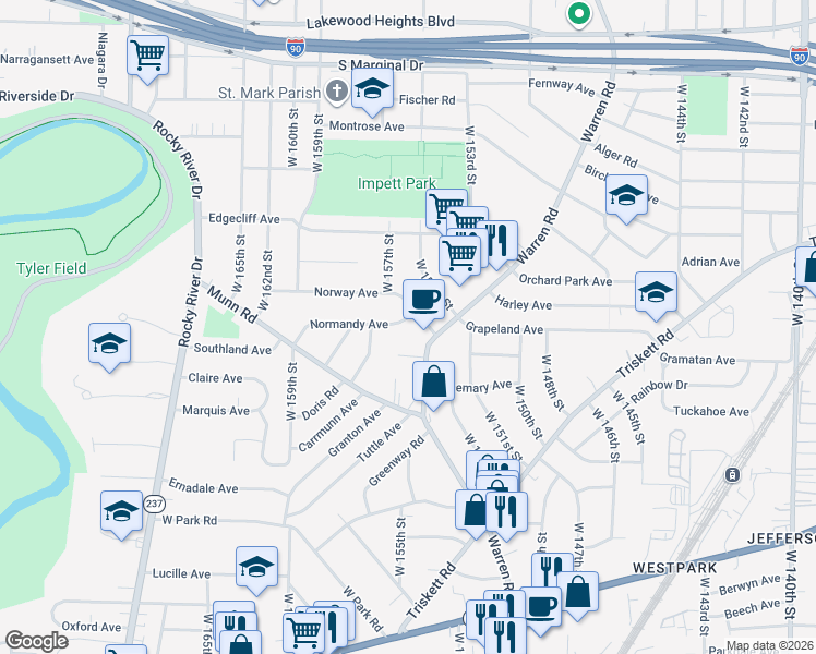 map of restaurants, bars, coffee shops, grocery stores, and more near 15613 Normandy Avenue in Cleveland