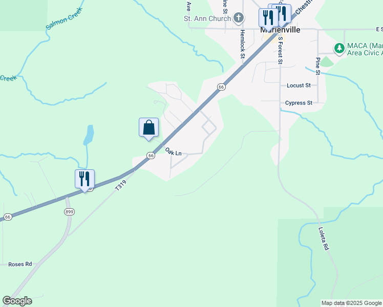 map of restaurants, bars, coffee shops, grocery stores, and more near 10 Oak Lane in Marienville