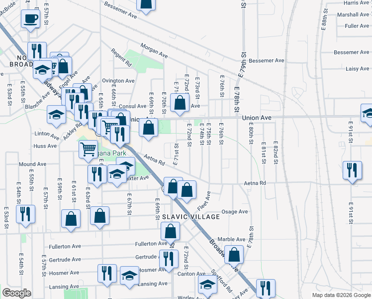 map of restaurants, bars, coffee shops, grocery stores, and more near 3570 East 72nd Street in Cleveland