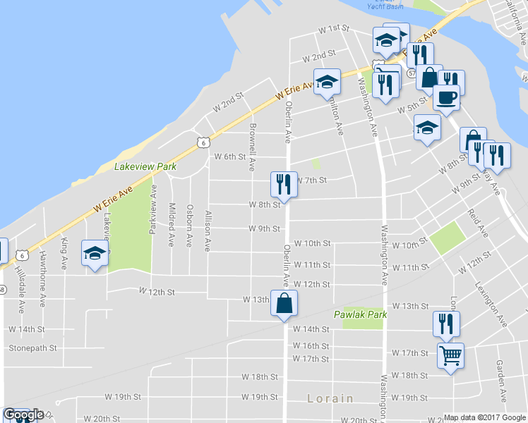 map of restaurants, bars, coffee shops, grocery stores, and more near 1229 West 8th Street in Lorain