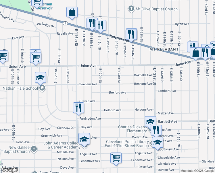 map of restaurants, bars, coffee shops, grocery stores, and more near 12018 Benham Avenue in Cleveland