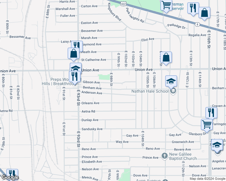 map of restaurants, bars, coffee shops, grocery stores, and more near 3565 East 98th Street in Cleveland