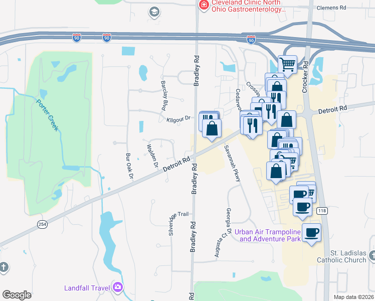 map of restaurants, bars, coffee shops, grocery stores, and more near 30812 Detroit Rd in Westlake