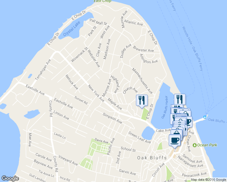 map of restaurants, bars, coffee shops, grocery stores, and more near 17 Elmwood Avenue in Oak Bluffs
