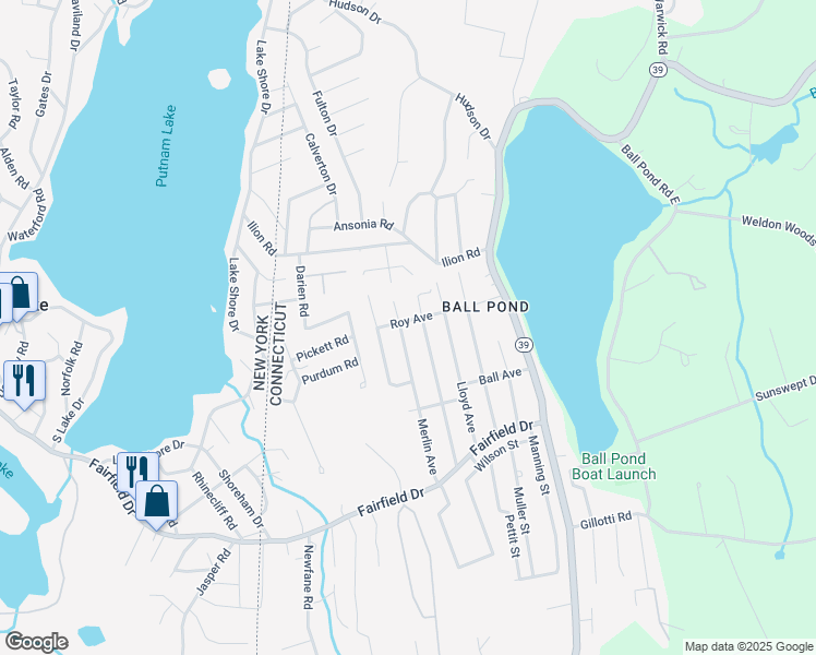 map of restaurants, bars, coffee shops, grocery stores, and more near 34 Merlin Avenue in New Fairfield