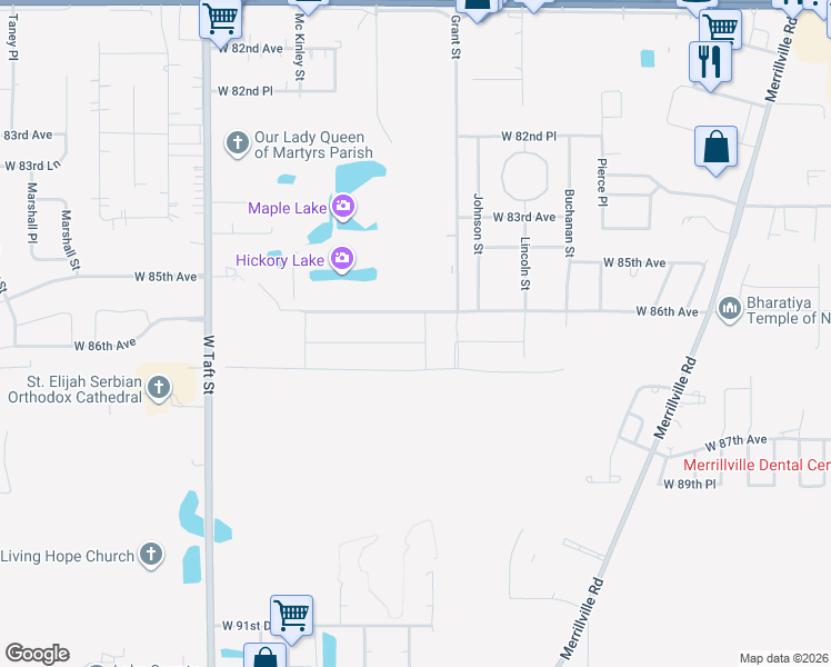map of restaurants, bars, coffee shops, grocery stores, and more near 1706 West 86th Lane in Merrillville