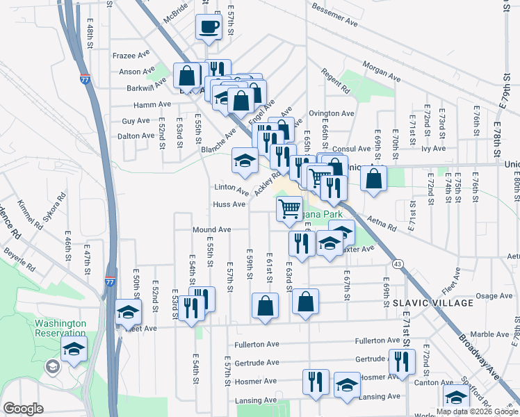 map of restaurants, bars, coffee shops, grocery stores, and more near 5915 Kenyon Avenue in Cleveland