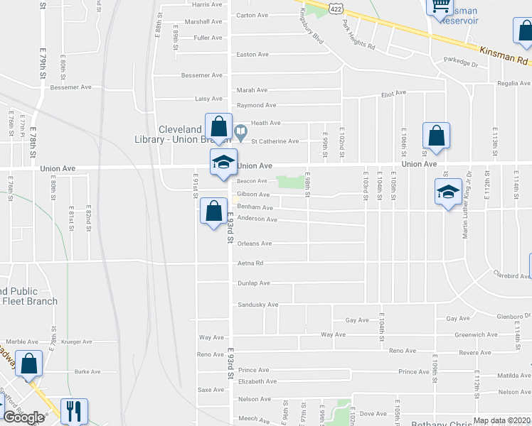 map of restaurants, bars, coffee shops, grocery stores, and more near 9508 Benham Avenue in Cleveland