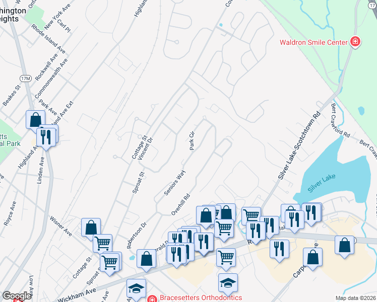 map of restaurants, bars, coffee shops, grocery stores, and more near 38 Park Circle Drive in Middletown