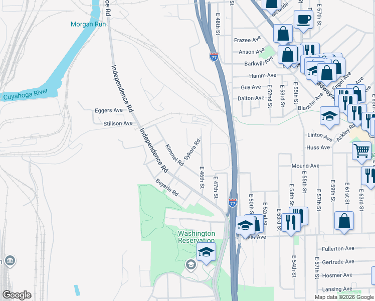 map of restaurants, bars, coffee shops, grocery stores, and more near 3586 Sykora Road in Cleveland