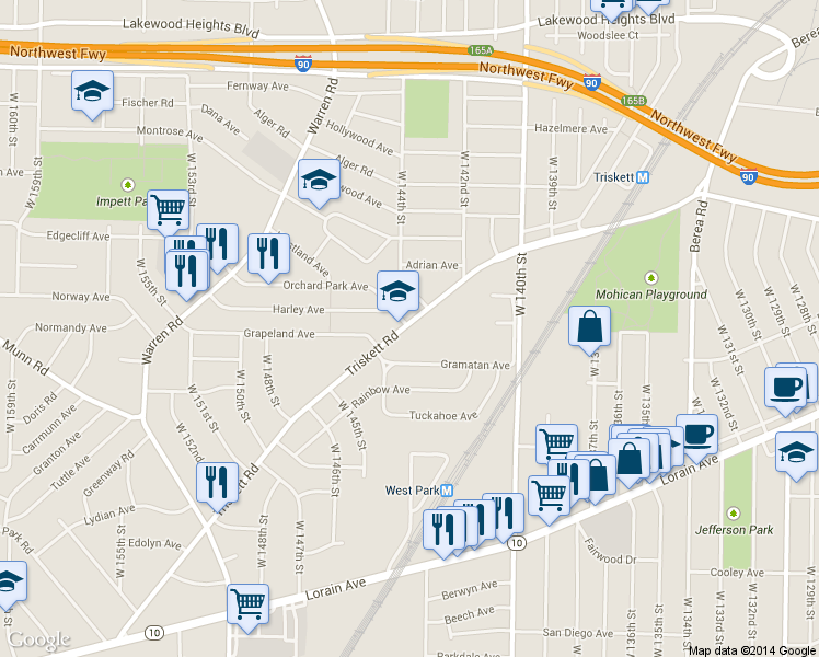map of restaurants, bars, coffee shops, grocery stores, and more near 14411 Triskett Road in Cleveland